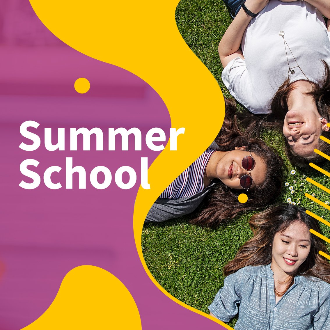 Image of students lying on the grass wearing sunglasses and text next to it.