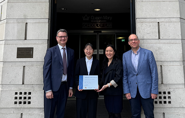 Pictured from left to right: Professor Duncan Matthews (Director of Research, Centre for Commercial Law Studies), Chia-Ling Chen (LLM student 2025-26), Dr Kei Enomoto (Partner, Hoffmann Eitle), Dr Apostolos Chronopoulos, Reader in Intellectual Property Law, Centre for Commercial Law Studies).