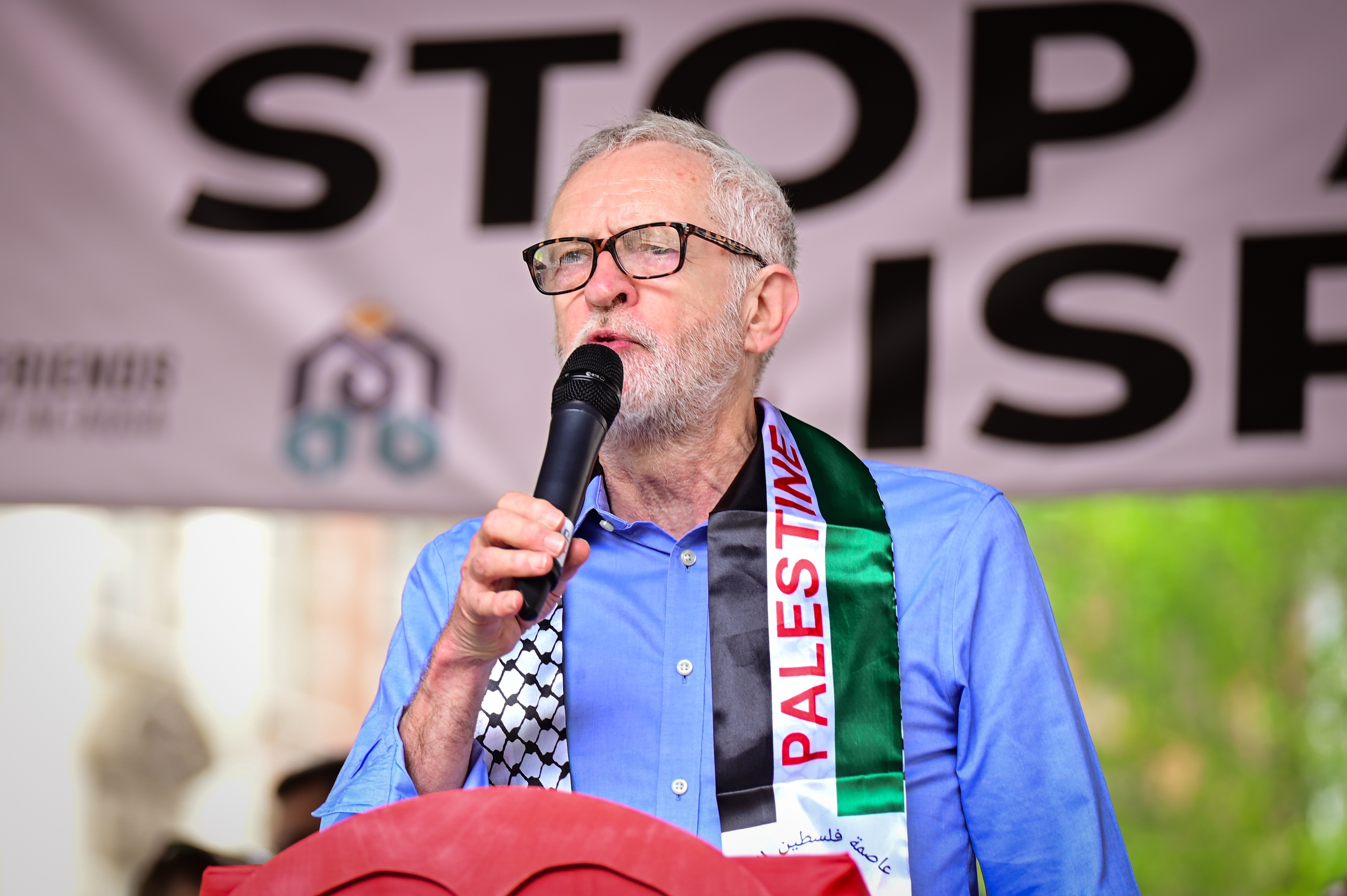 Jeremy Corbyn speaking at a Pro-Palestine march in London on 18 May 2024. Credit: Sunshine Munu, Shutterstock.