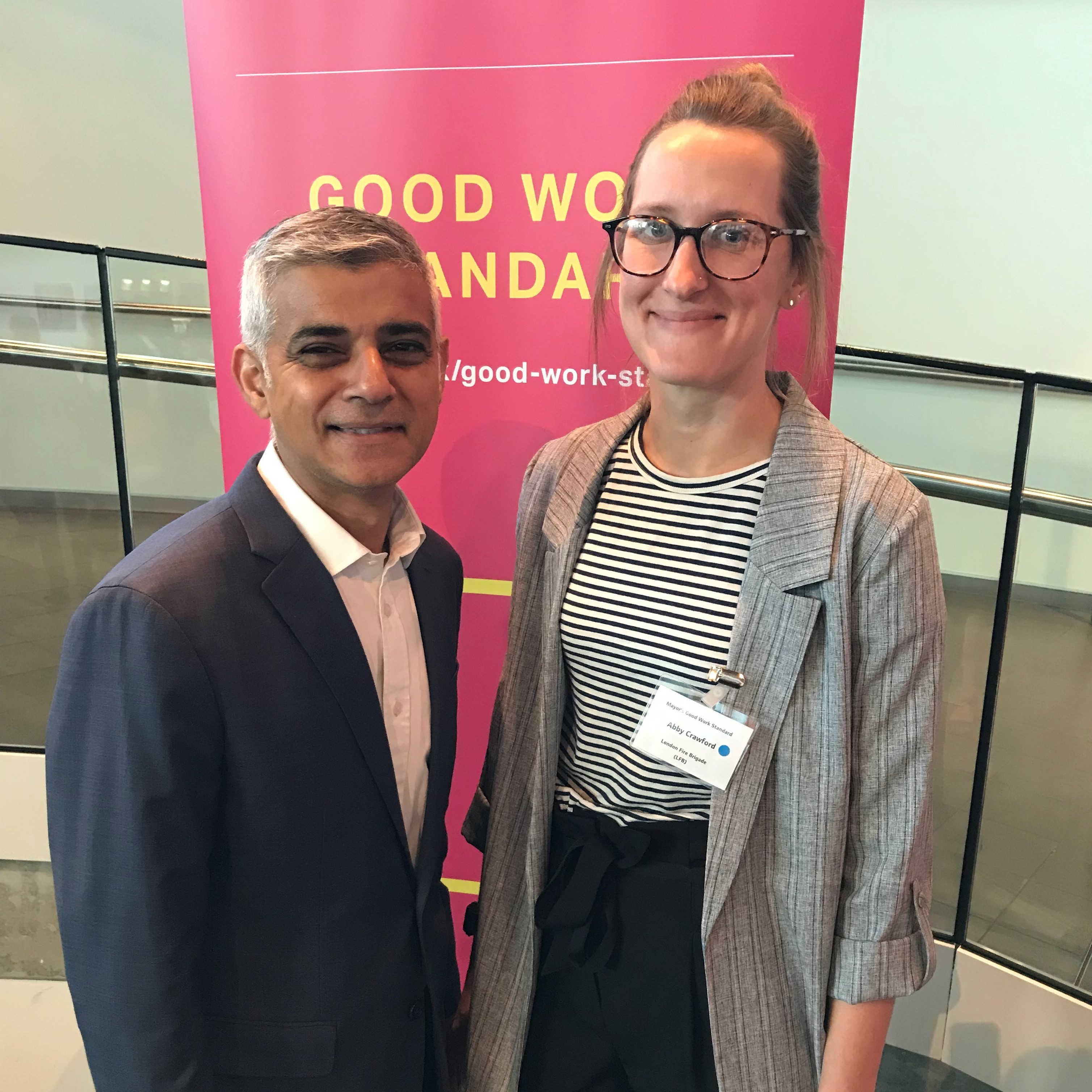 Abby Crawford stood next to Mayor of London, Sadiq Khan.