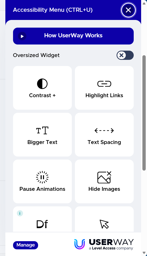 This is the accessibility widget within Q-Review with options including changing the size of text and contrast.