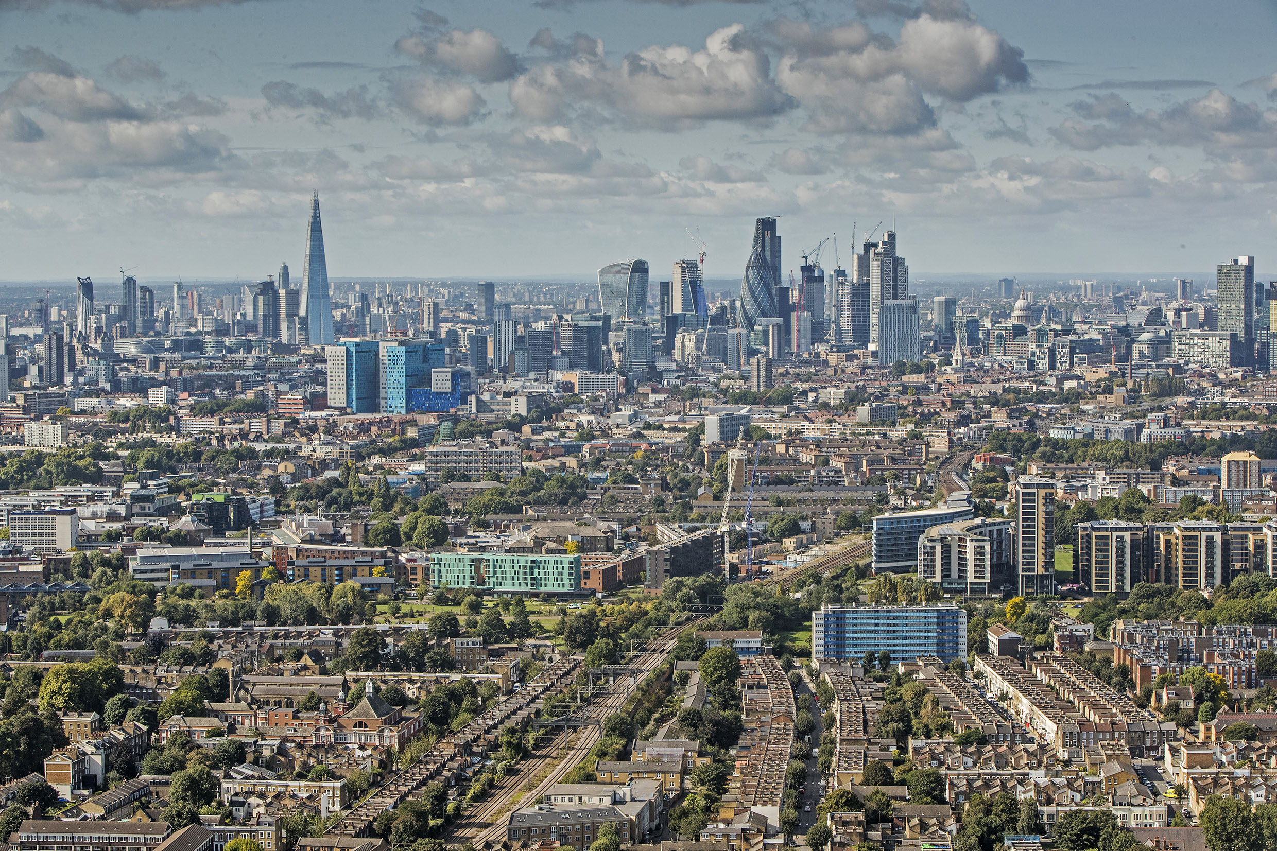 London skyline looking from Queen Mary in Mile End